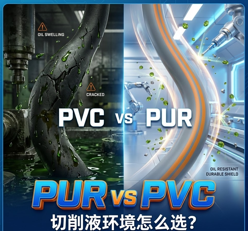 PUR vs PVC：机床切削液环境下，你的拖链电缆选对护套了吗？